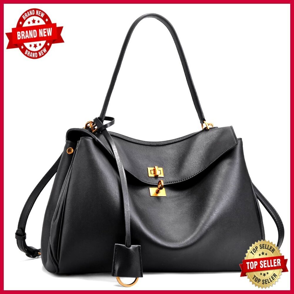 Large Top-Grain Leather Tote Bag with Adjustable Strap and Multiple Pockets